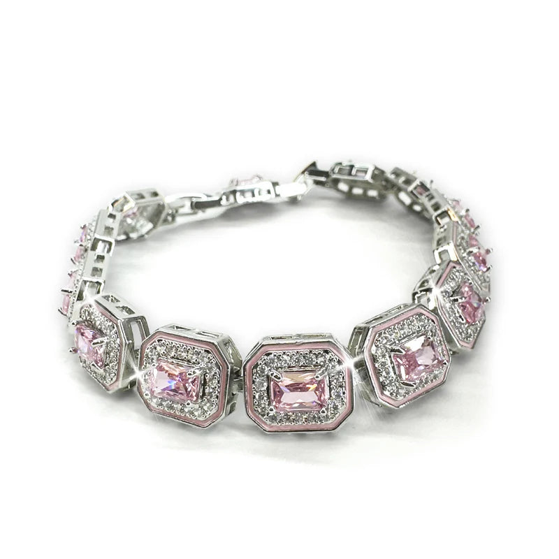 Silver Pink Crystal Tennis Bracelet