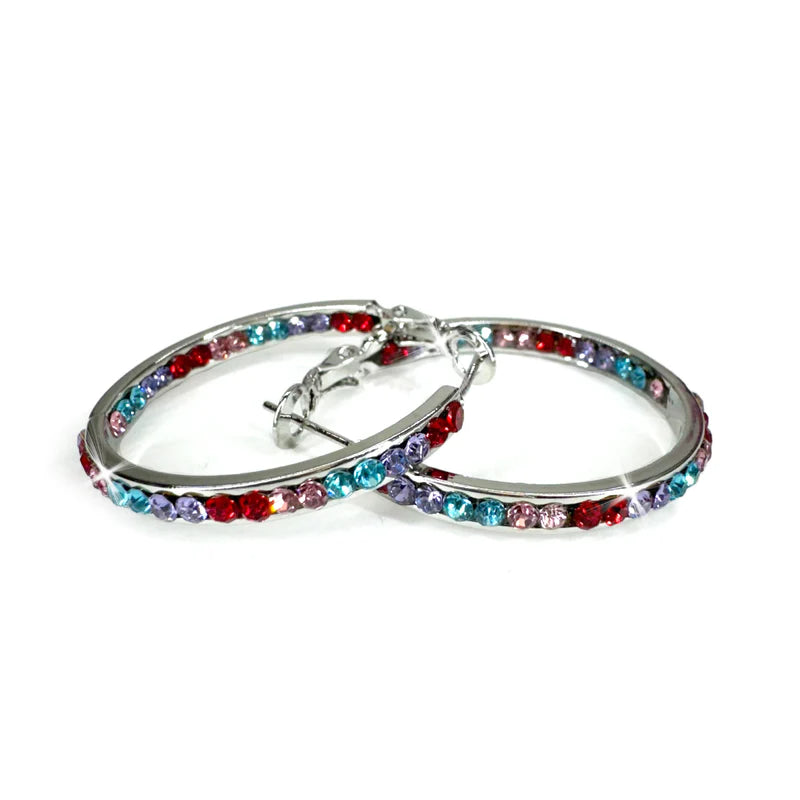 30MM Round Crystal Hoops Silver/Multi