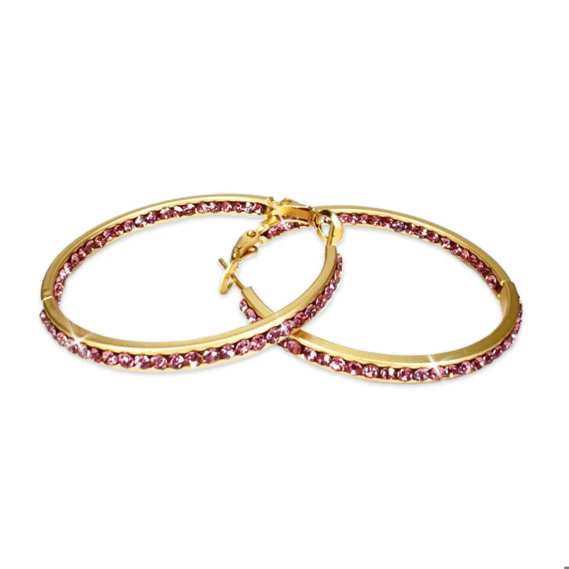 40MM Round Crystal Hoops Gold/Pink