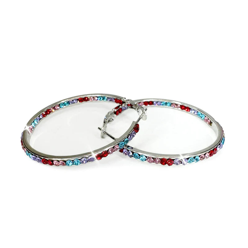 40MM Round Crystal Hoops Silver/Multi