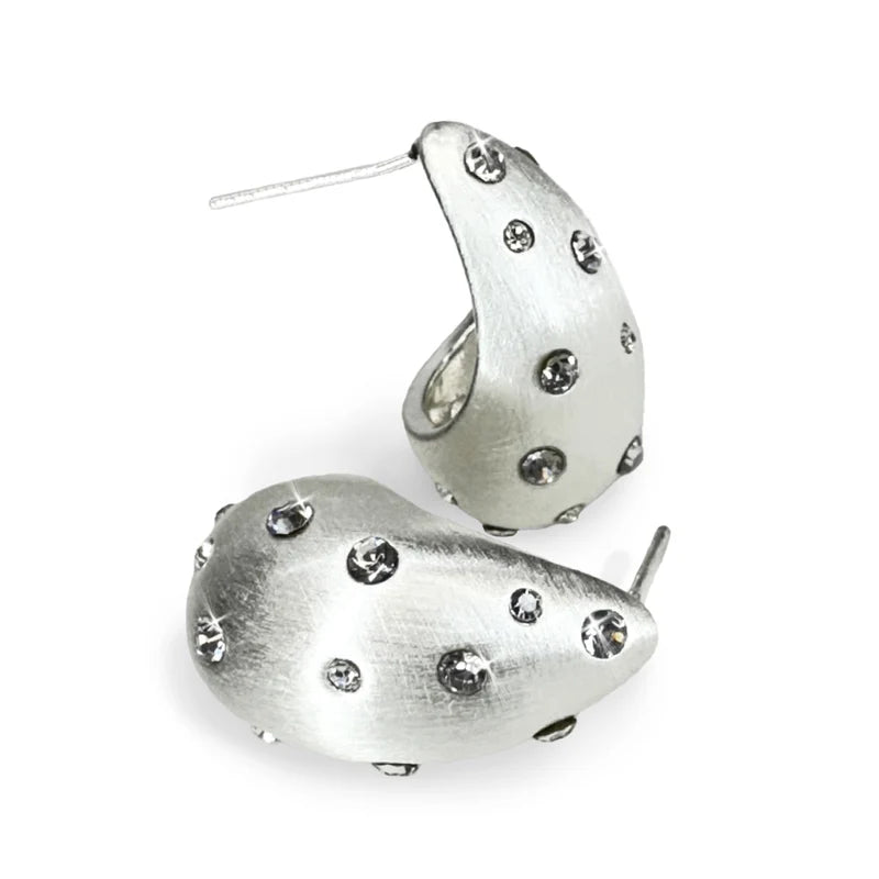 Small Tear Drop With Rhinestone Silver Earrings