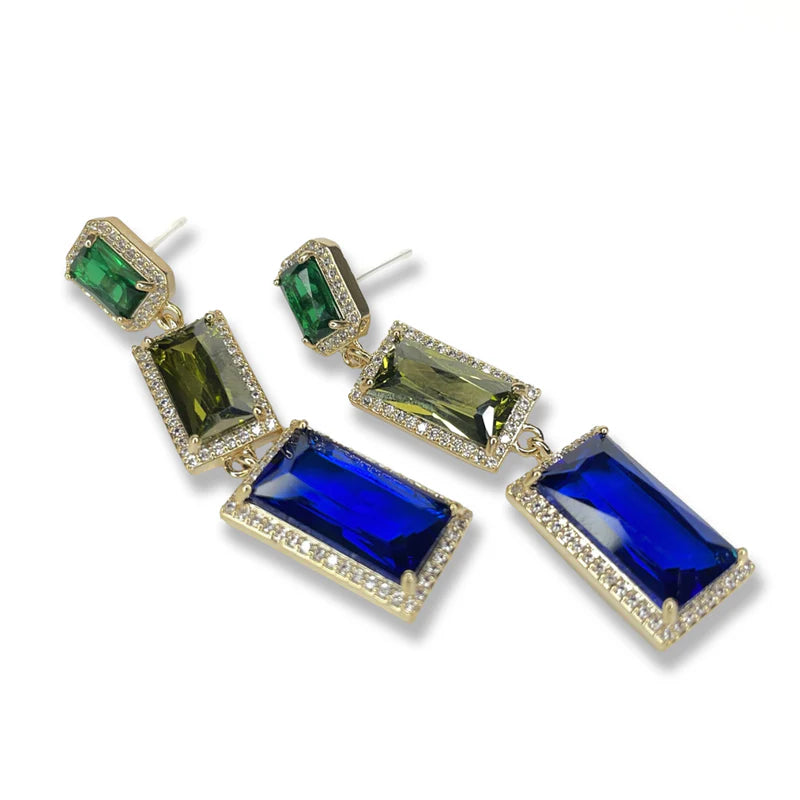Three Crystal Drop Blue Earrings