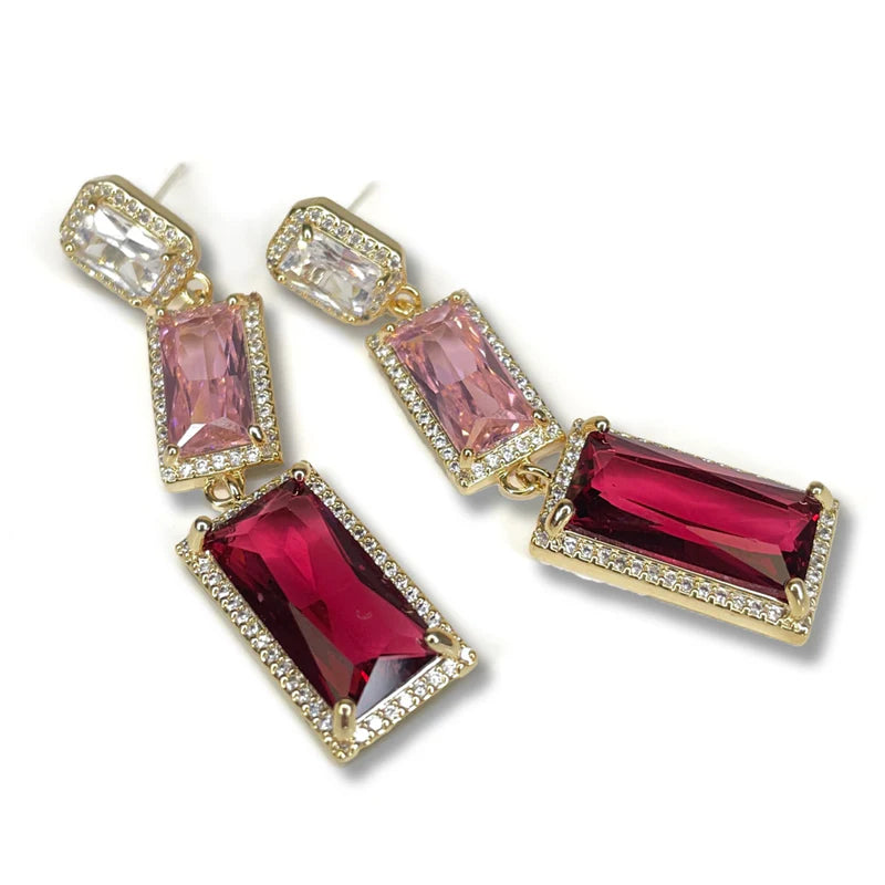 Three Crystal Drop Red Earrings