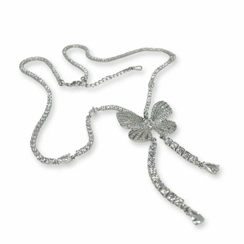 Butterfly Crystal Drop Silver Necklace