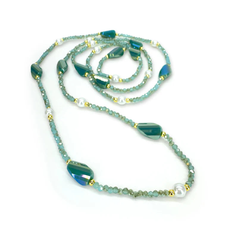 Crystal Pearl Strands Blue Necklace