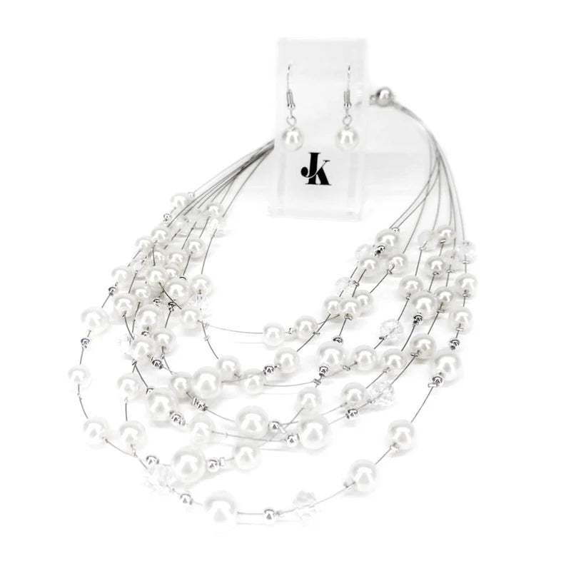 Necklace Earring Set Pearl Strings White