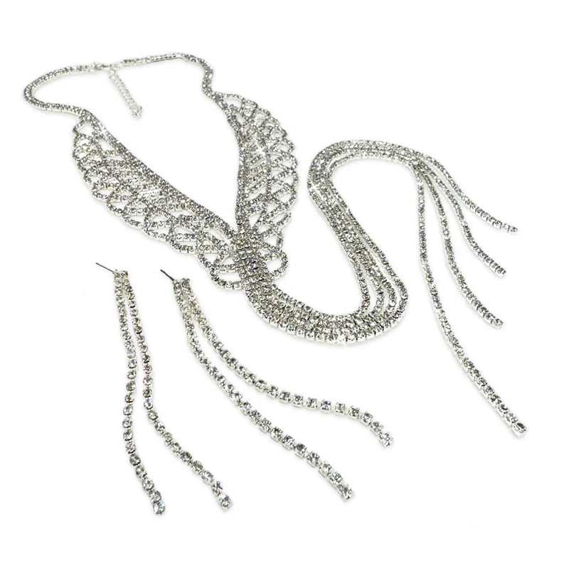 Necklace Earring Set Rhinestone Angel Wings Silver