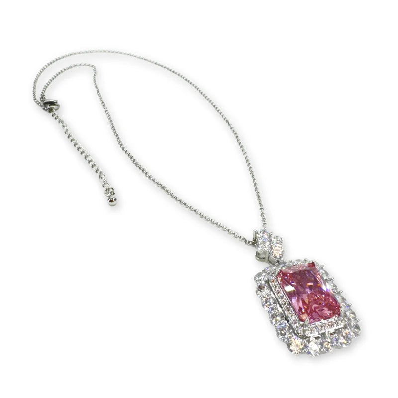 Pink Crystal Square Necklace - Silver