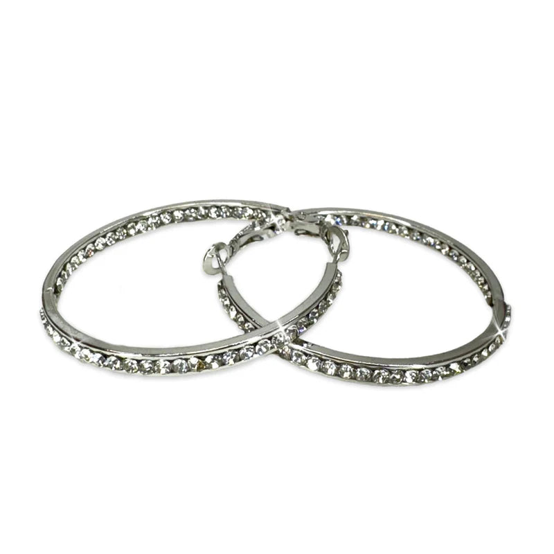 40MM Round Crystal Hoops Silver