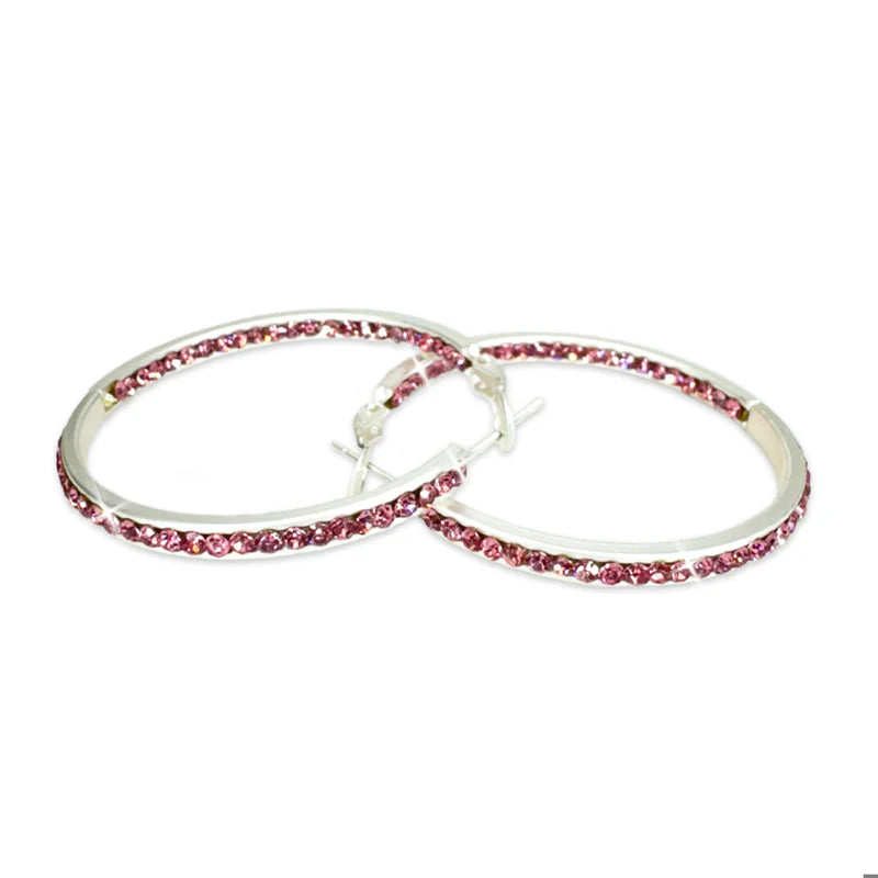 40MM Round Crystal Hoops Silver/Pink