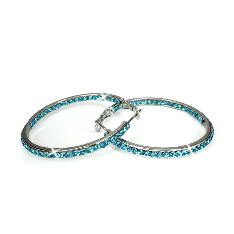 40MM Round Crystal Hoops Silver/Turquoise