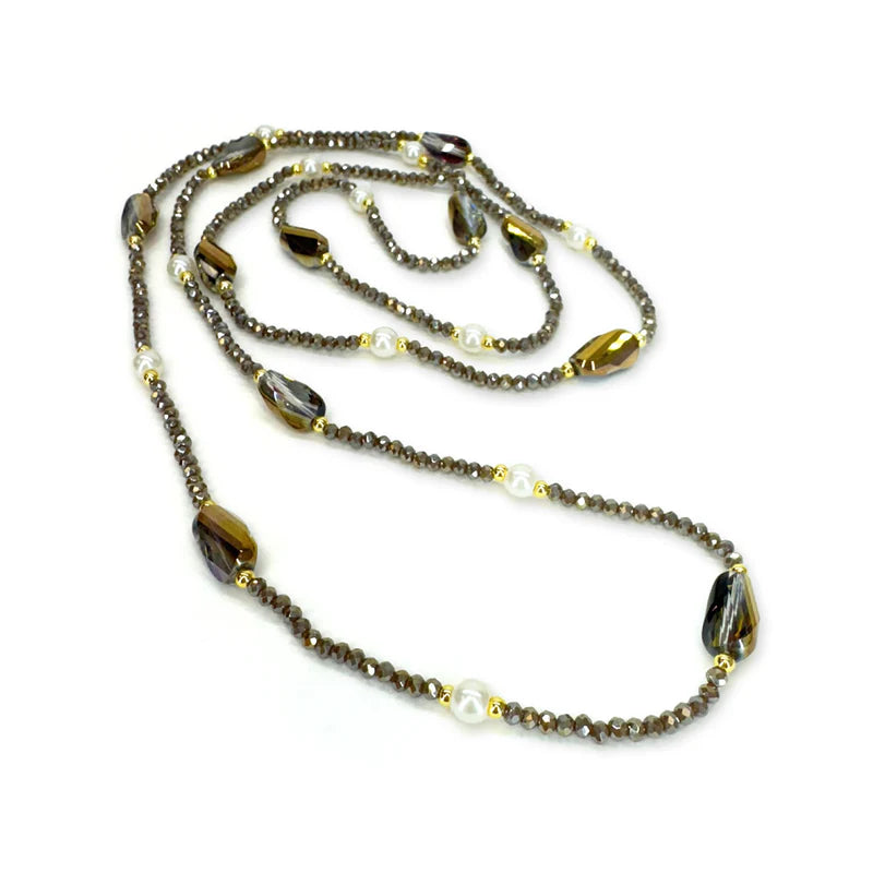 Crystal Pearl Strands Grey Necklace