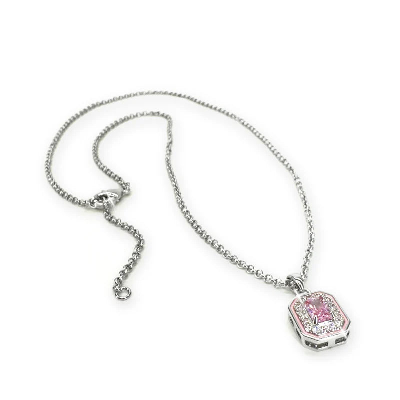 Silver Pink Crystal Pendant Necklace